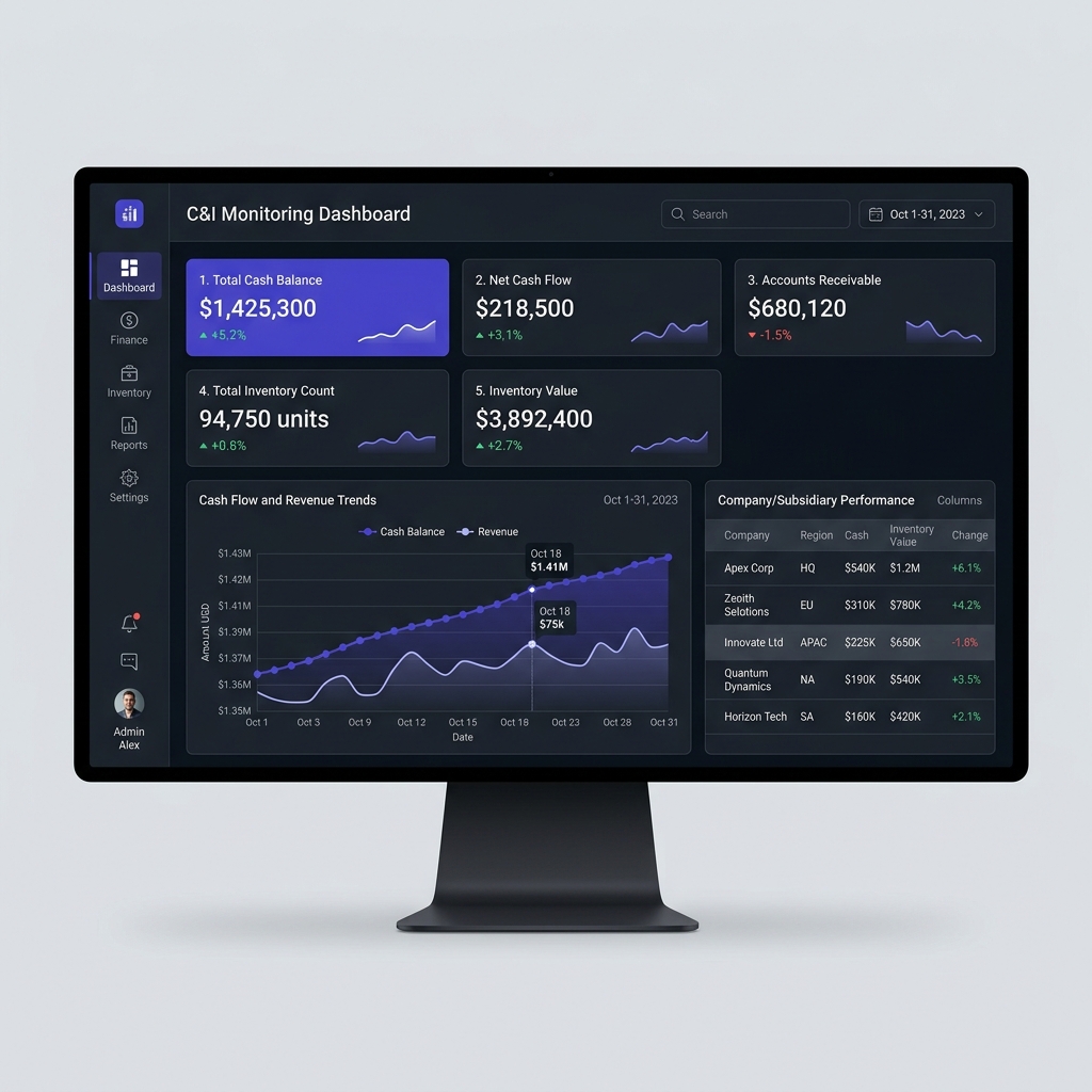 Cash and Inventory Monitoring System — dashboard with KPI cards and financial trend charts