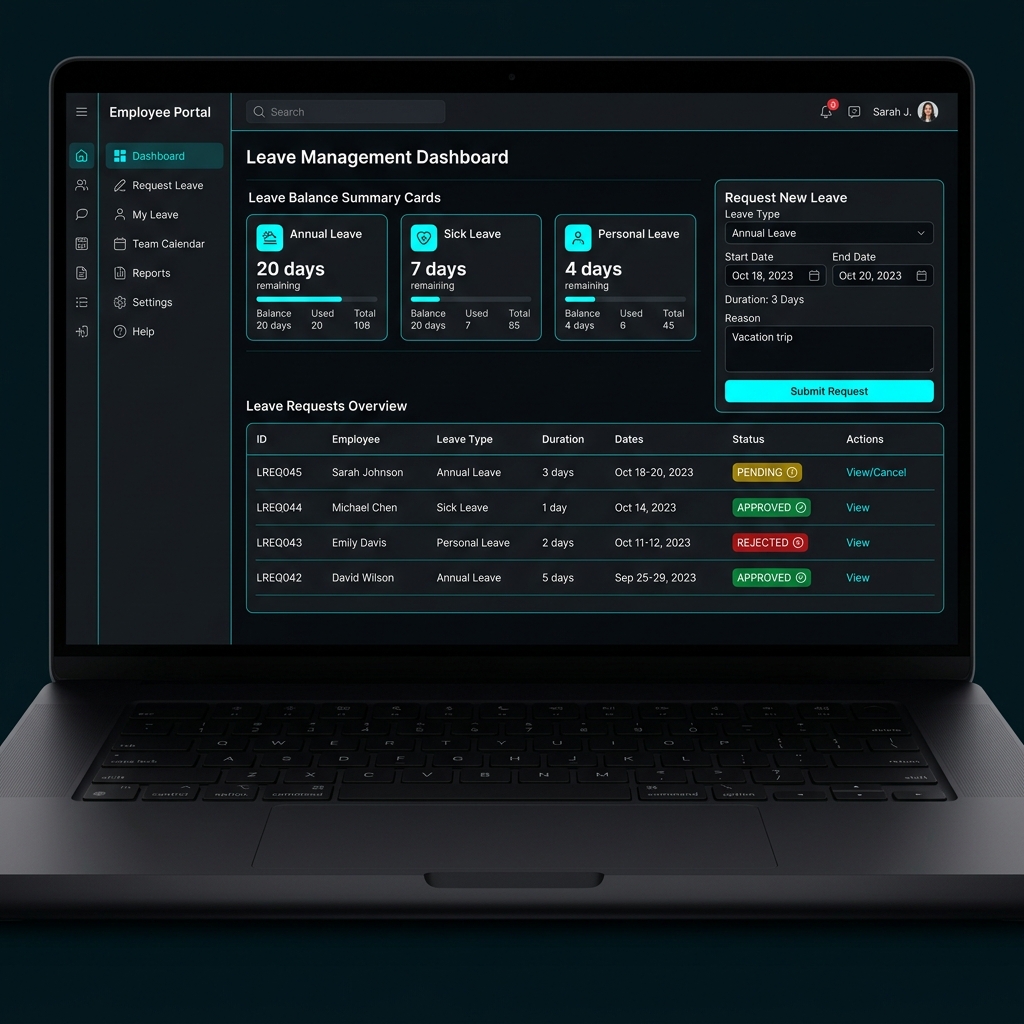 Employee Leave Management System — leave request dashboard with approval workflow and balance tracking