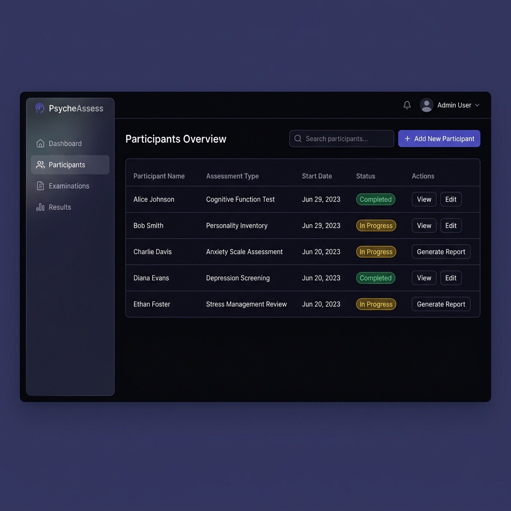 Psychology Assessment Platform — admin dashboard showing participant list and assessment management